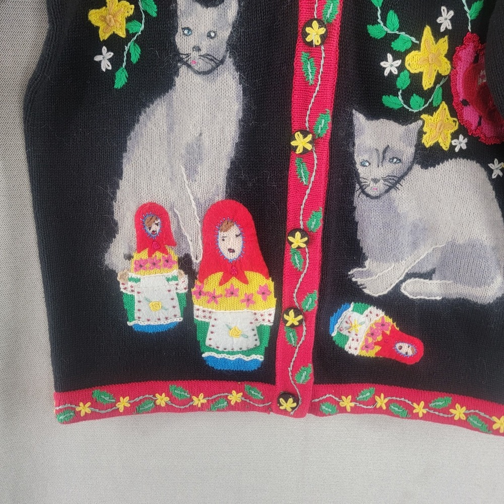 Storybook Knits Sweater Embroidered Cat Russian Nesting Doll Cardigan Size Small - Picture 4 of 11
